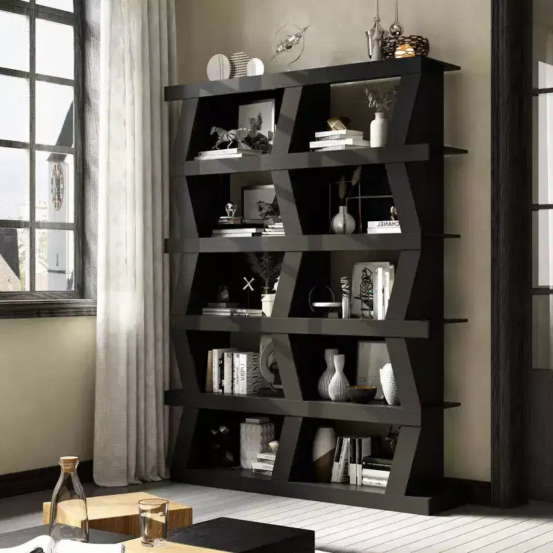 Bibliothèque ouverte, étagère décorative à la forme unique, rangement multifonctionnel avec plusieurs compartiments, noire