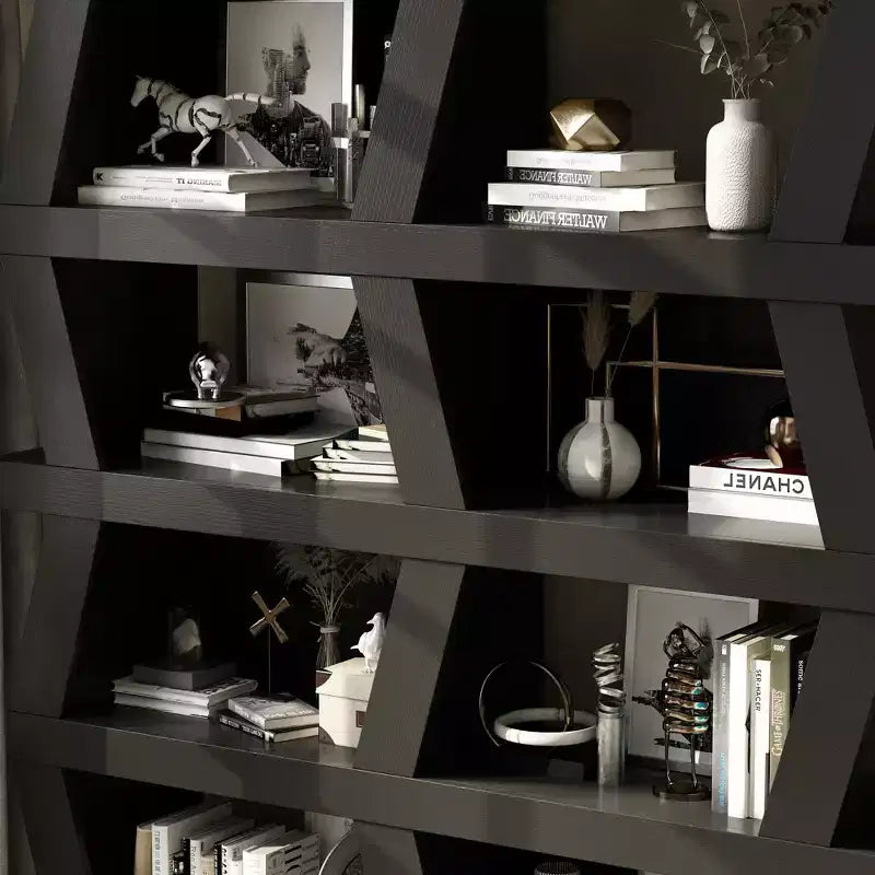 Bibliothèque ouverte, étagère décorative à la forme unique, rangement multifonctionnel avec plusieurs compartiments, noire