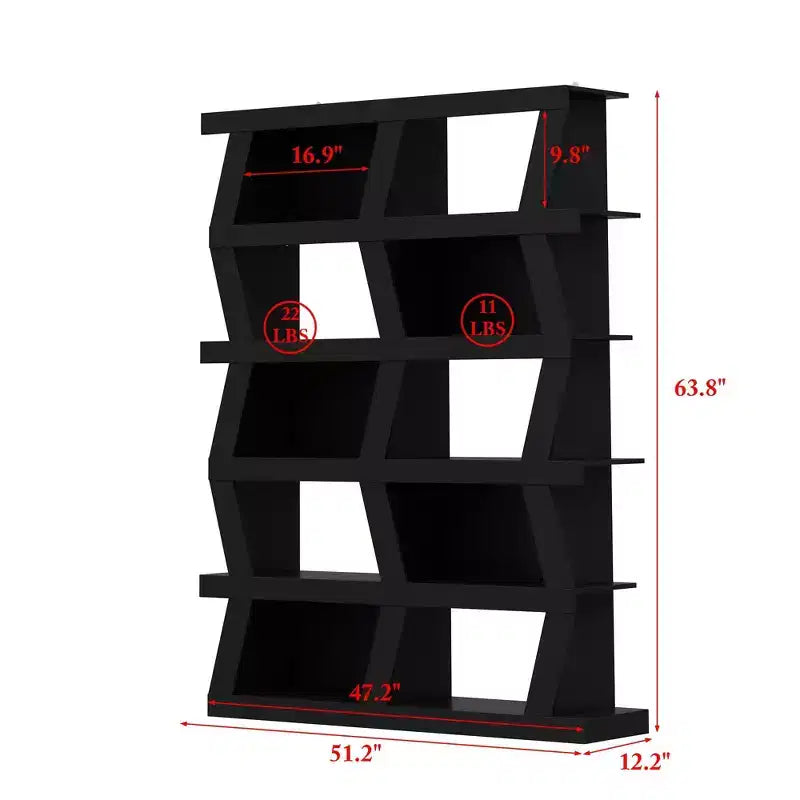 Bibliothèque ouverte, étagère décorative à la forme unique, rangement multifonctionnel avec plusieurs compartiments, noire