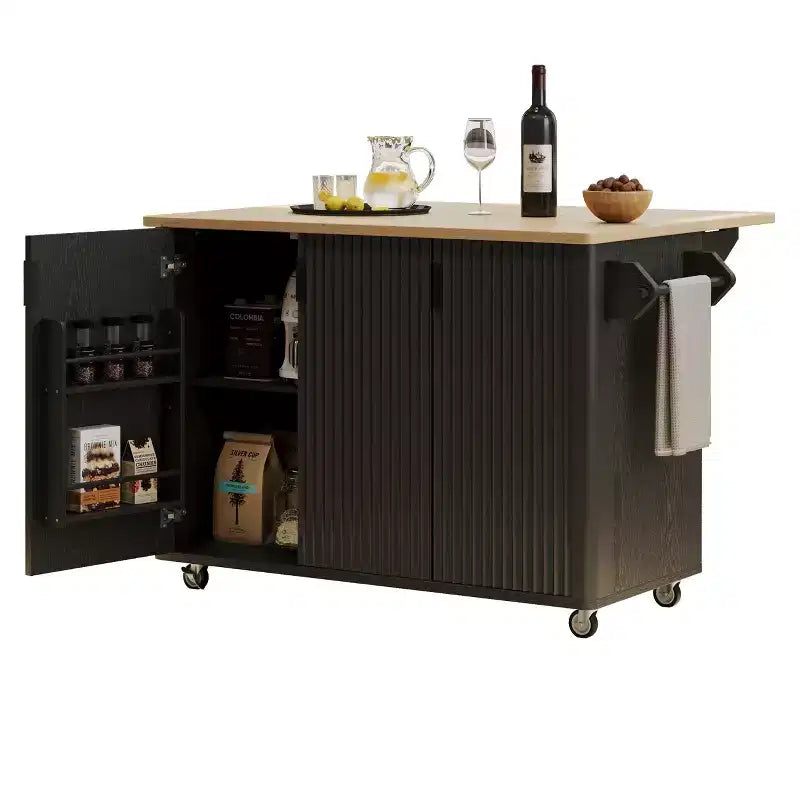 Isla de cocina moderna con ruedas de 51W, carrito de almacenamiento con ruedas bloqueables, ala abatible, estantes de almacenamiento y toallero, fresno blanco/fresno negro