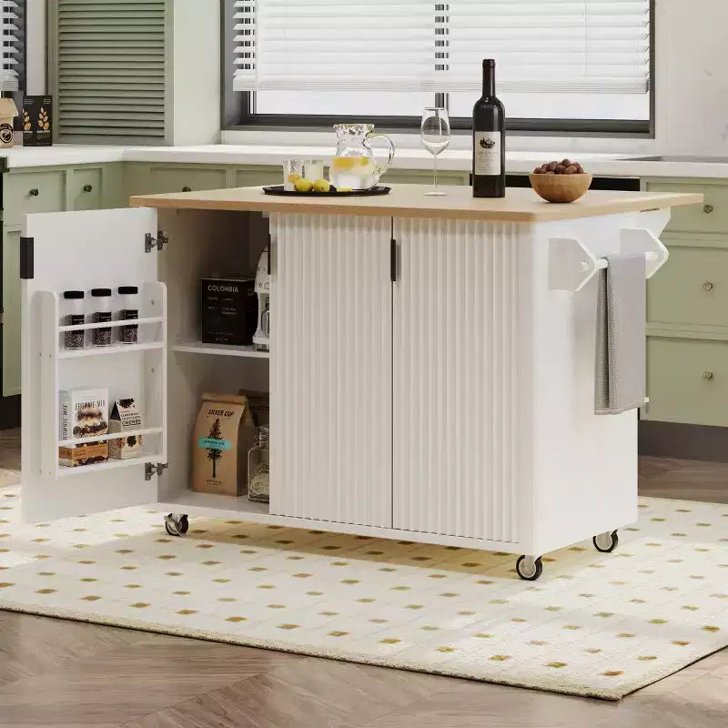 Isla de cocina moderna con ruedas de 51W, carrito de almacenamiento con ruedas bloqueables, ala abatible, estantes de almacenamiento y toallero, fresno blanco/fresno negro