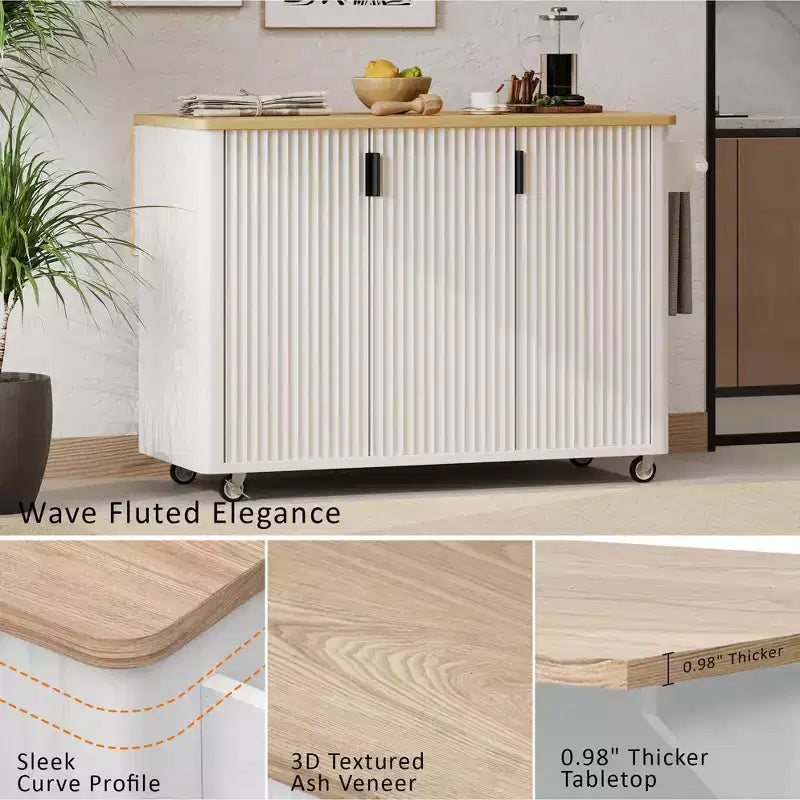 Isla de cocina moderna con ruedas de 51W, carrito de almacenamiento con ruedas bloqueables, ala abatible, estantes de almacenamiento y toallero, fresno blanco/fresno negro