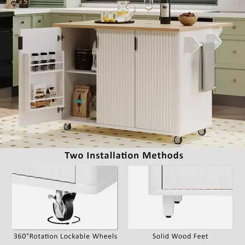 Isla de cocina moderna con ruedas de 51W, carrito de almacenamiento con ruedas bloqueables, ala abatible, estantes de almacenamiento y toallero, fresno blanco/fresno negro
