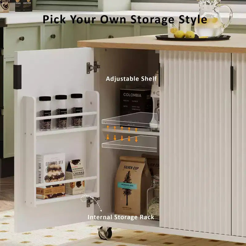 Isla de cocina moderna con ruedas de 51W, carrito de almacenamiento con ruedas bloqueables, ala abatible, estantes de almacenamiento y toallero, fresno blanco/fresno negro