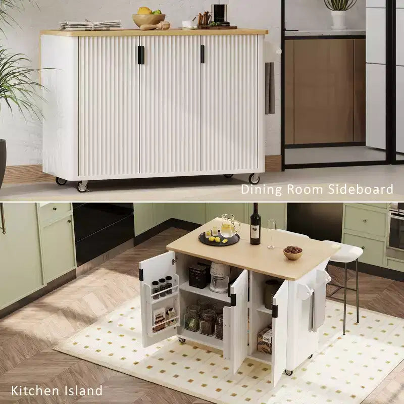 Isla de cocina moderna con ruedas de 51W, carrito de almacenamiento con ruedas bloqueables, ala abatible, estantes de almacenamiento y toallero, fresno blanco/fresno negro