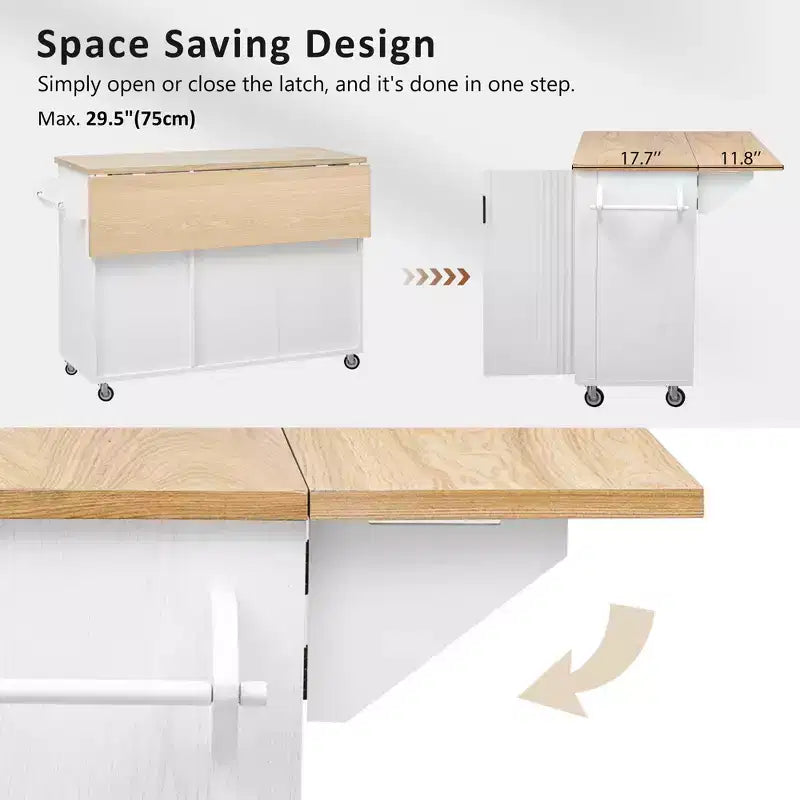 Isla de cocina moderna con ruedas de 51W, carrito de almacenamiento con ruedas bloqueables, ala abatible, estantes de almacenamiento y toallero, fresno blanco/fresno negro