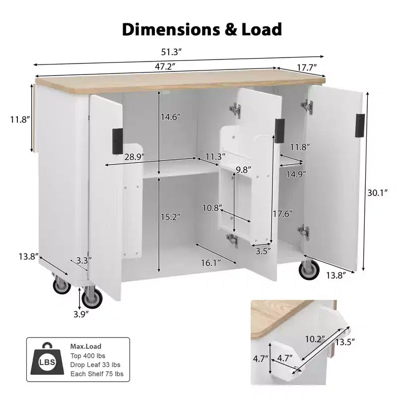 Isla de cocina moderna con ruedas de 51W, carrito de almacenamiento con ruedas bloqueables, ala abatible, estantes de almacenamiento y toallero, fresno blanco/fresno negro