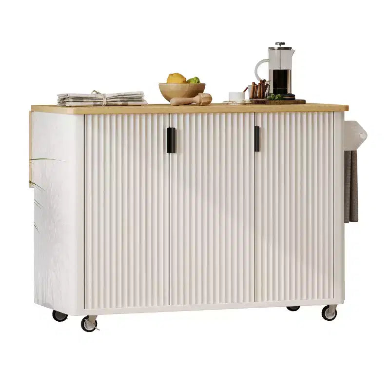 Isla de cocina moderna con ruedas de 51W, carrito de almacenamiento con ruedas bloqueables, ala abatible, estantes de almacenamiento y toallero, fresno blanco/fresno negro