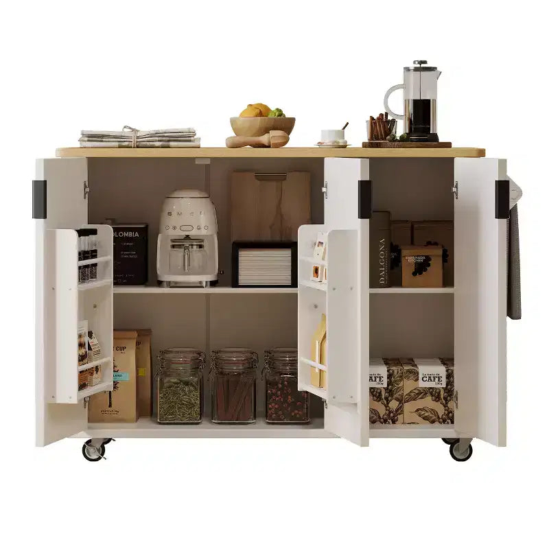 Isla de cocina moderna con ruedas de 51W, carrito de almacenamiento con ruedas bloqueables, ala abatible, estantes de almacenamiento y toallero, fresno blanco/fresno negro