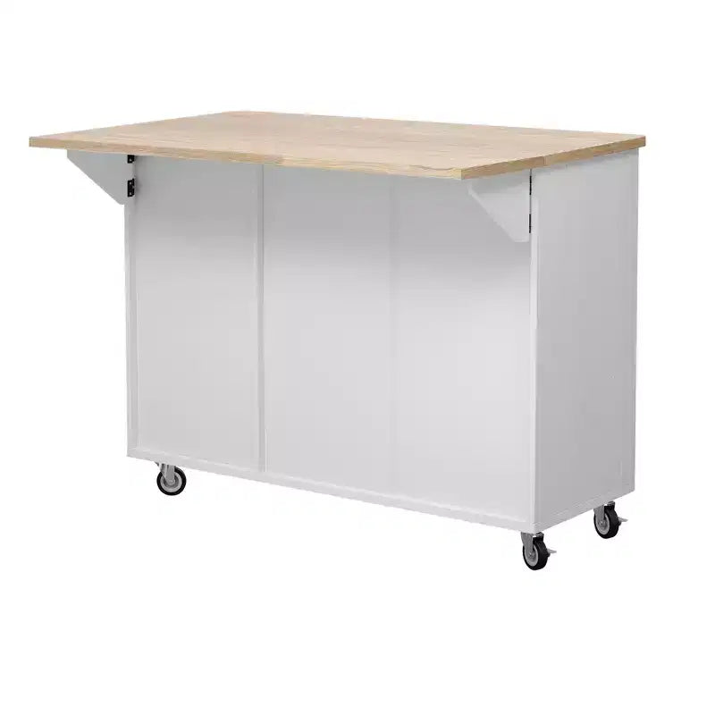 Isla de cocina moderna con ruedas de 51W, carrito de almacenamiento con ruedas bloqueables, ala abatible, estantes de almacenamiento y toallero, fresno blanco/fresno negro