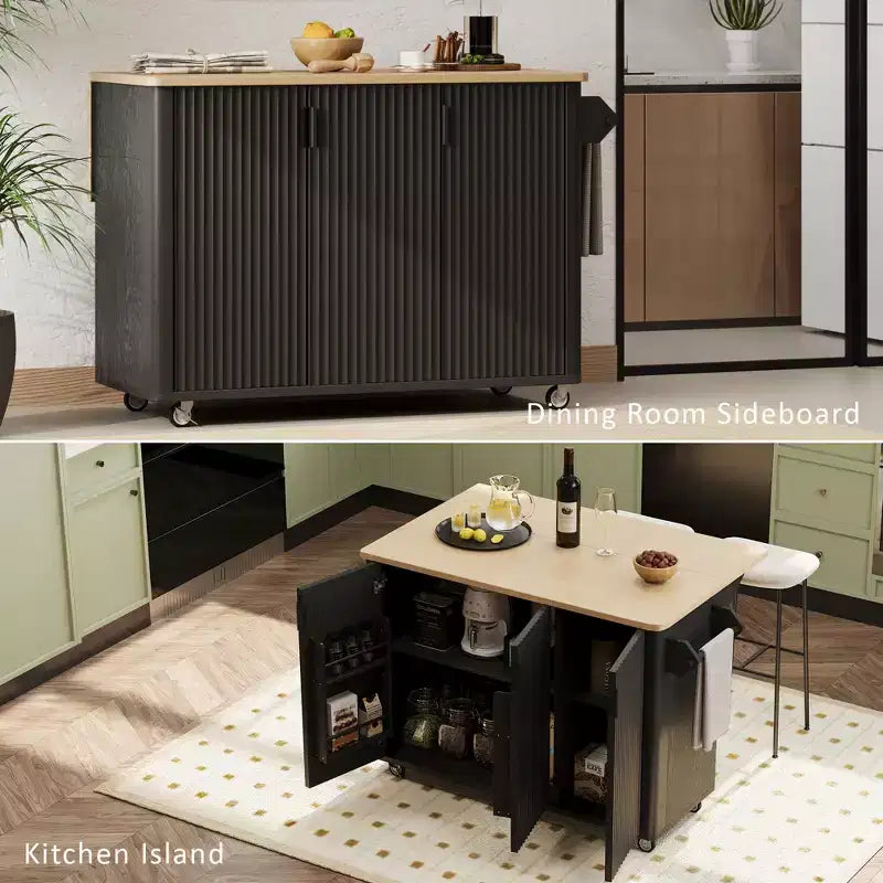 Isla de cocina moderna con ruedas de 51W, carrito de almacenamiento con ruedas bloqueables, ala abatible, estantes de almacenamiento y toallero, fresno blanco/fresno negro