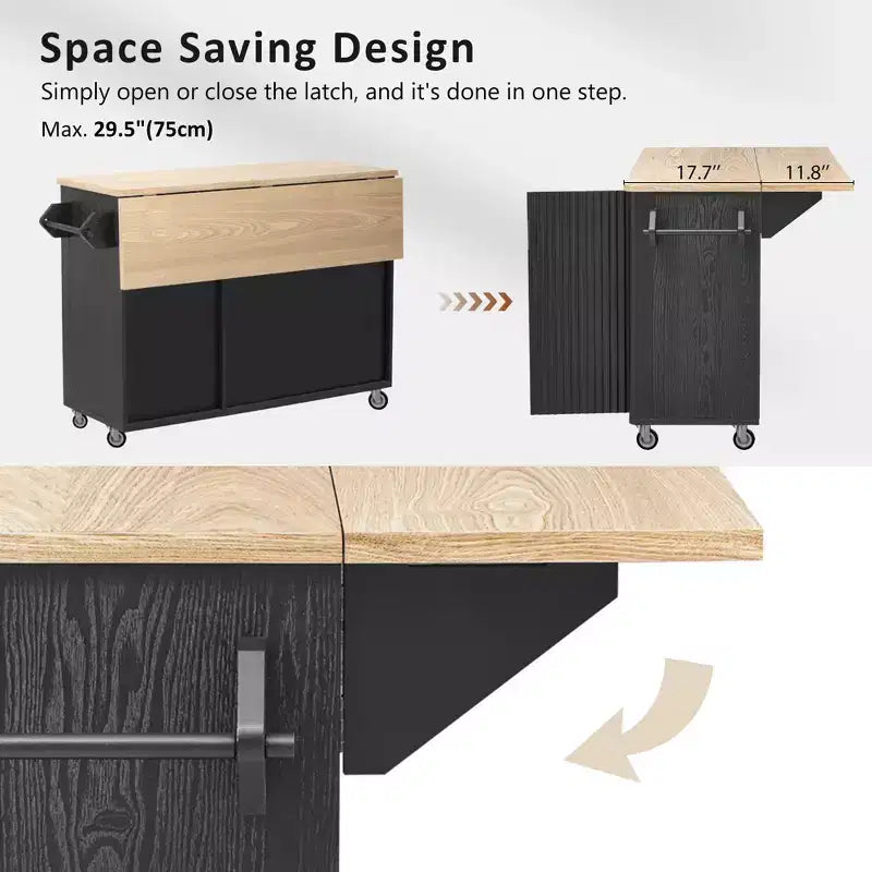 Isla de cocina moderna con ruedas de 51W, carrito de almacenamiento con ruedas bloqueables, ala abatible, estantes de almacenamiento y toallero, fresno blanco/fresno negro