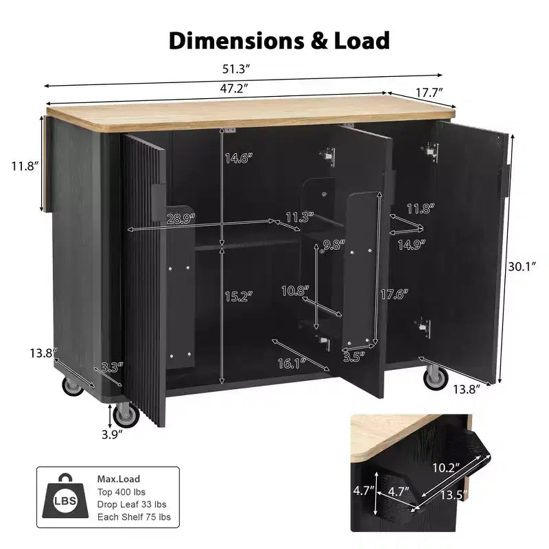Isla de cocina moderna con ruedas de 51W, carrito de almacenamiento con ruedas bloqueables, ala abatible, estantes de almacenamiento y toallero, fresno blanco/fresno negro