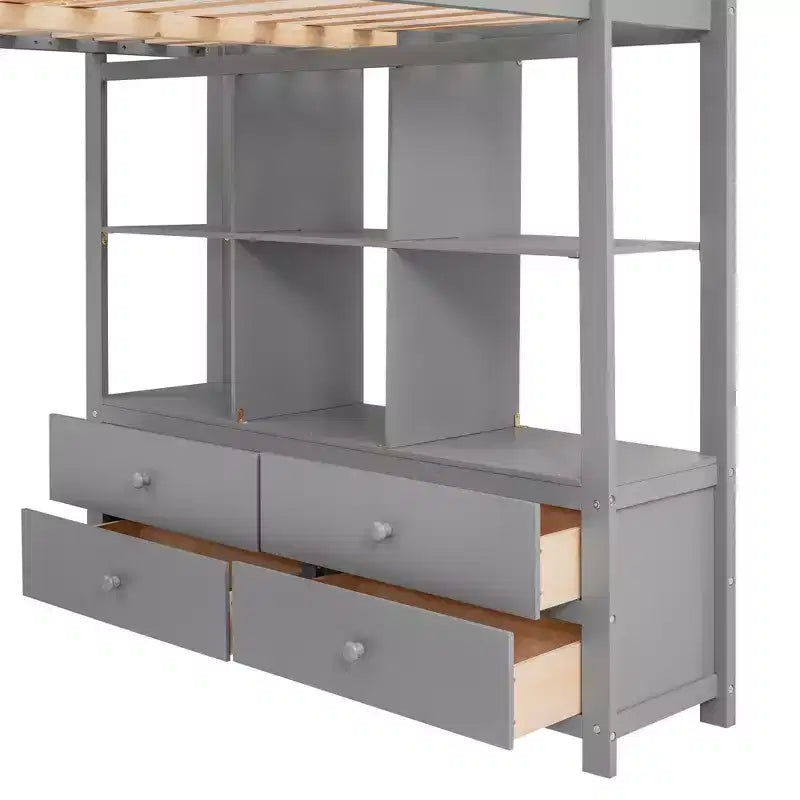 Lit mezzanine en bois de 78.20'L  57.50'W avec bureau intégré, deux tiroirs, étagères et rangements
