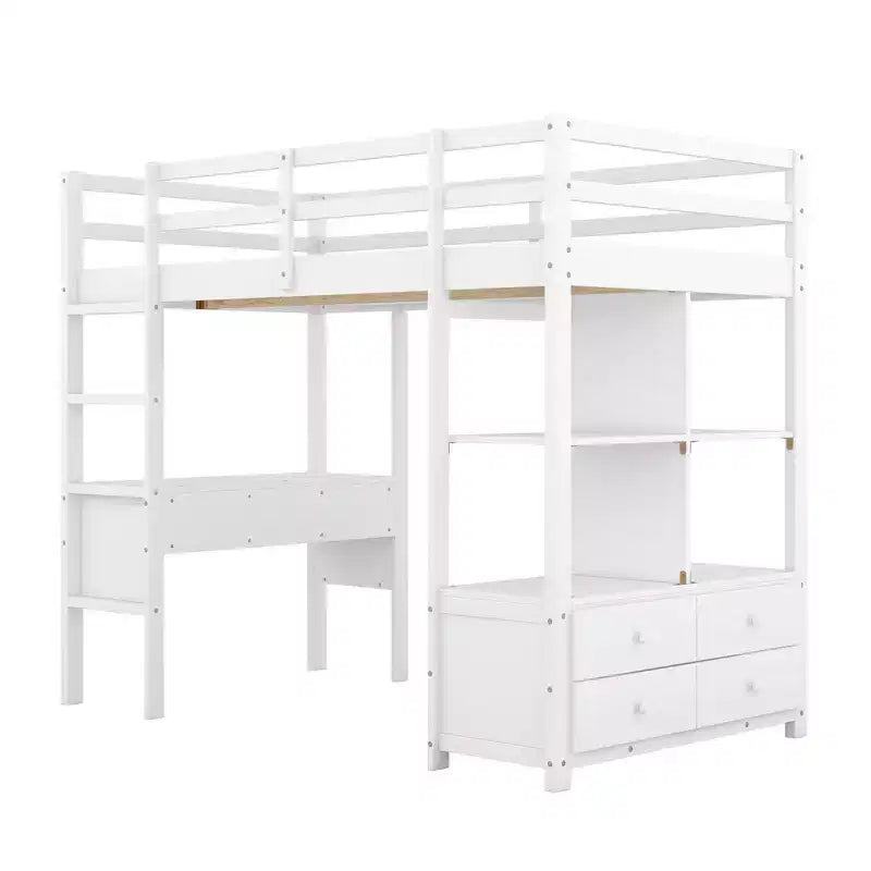 Lit mezzanine en bois de 78.20'L  57.50'W avec bureau intégré, deux tiroirs, étagères et rangements