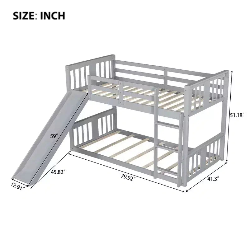 Lit superposé Montessori au sol pour enfants avec barrières de sécurité, tête et pied de lit, lit superposé bas pour enfants, garçons et filles, gris