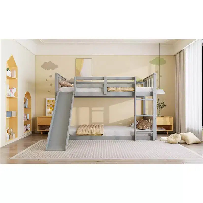 Montessori-Etagenbett mit Bodenbett, Etagenbett für Kinder mit Schutzgeländer, Kopf- und Fußteil, niedriges Etagenbett für Kinder, Jungen und Mädchen, Grau