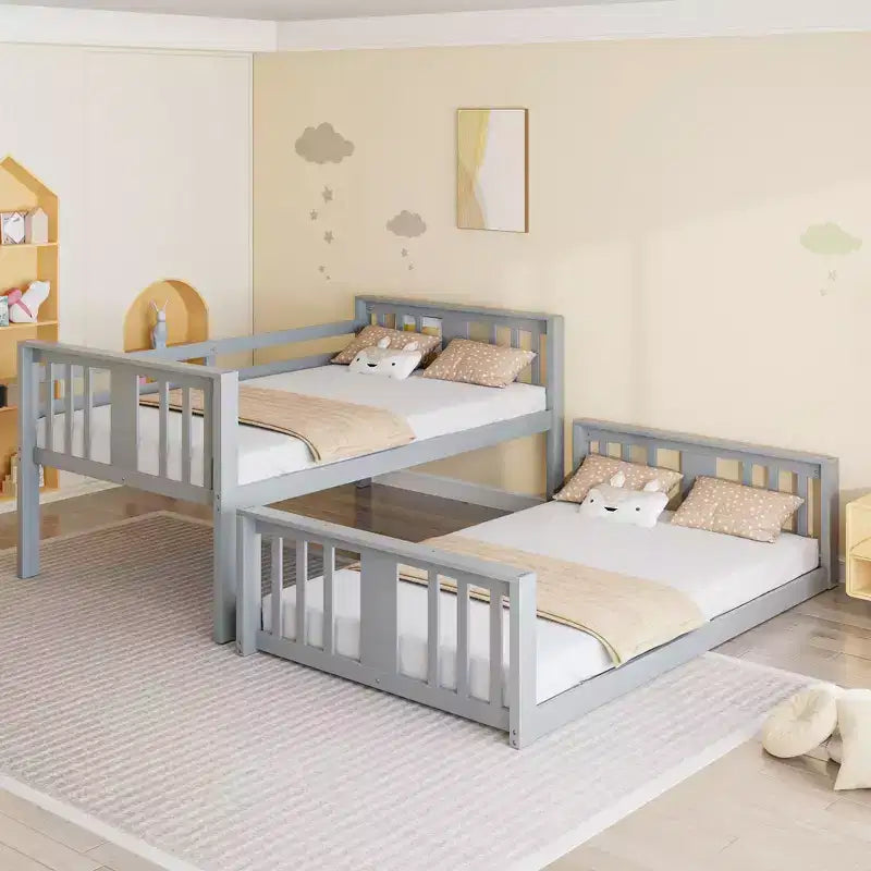 Lit superposé Montessori au sol pour enfants avec barrières de sécurité, tête et pied de lit, lit superposé bas pour enfants, garçons et filles, gris