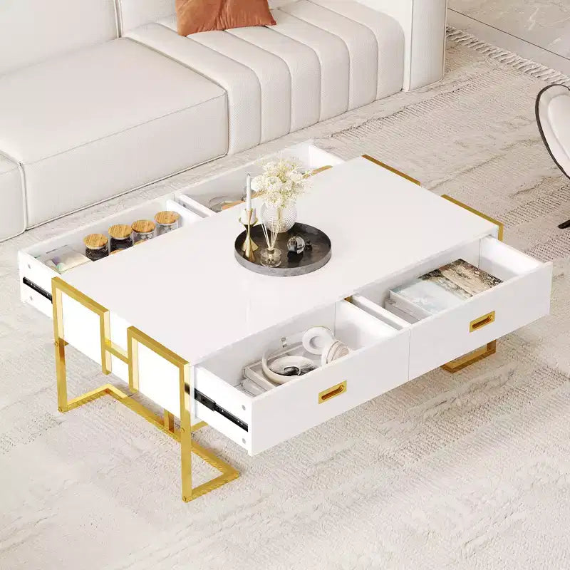 Mesa de centro rectangular moderna con 4 cajones y base de metal dorado, elegante mesa auxiliar para cócteles y centro de sala