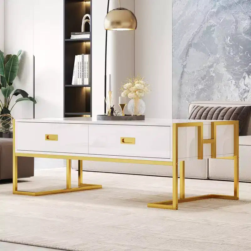 Mesa de centro rectangular moderna con 4 cajones y base de metal dorado, elegante mesa auxiliar para cócteles y centro de sala