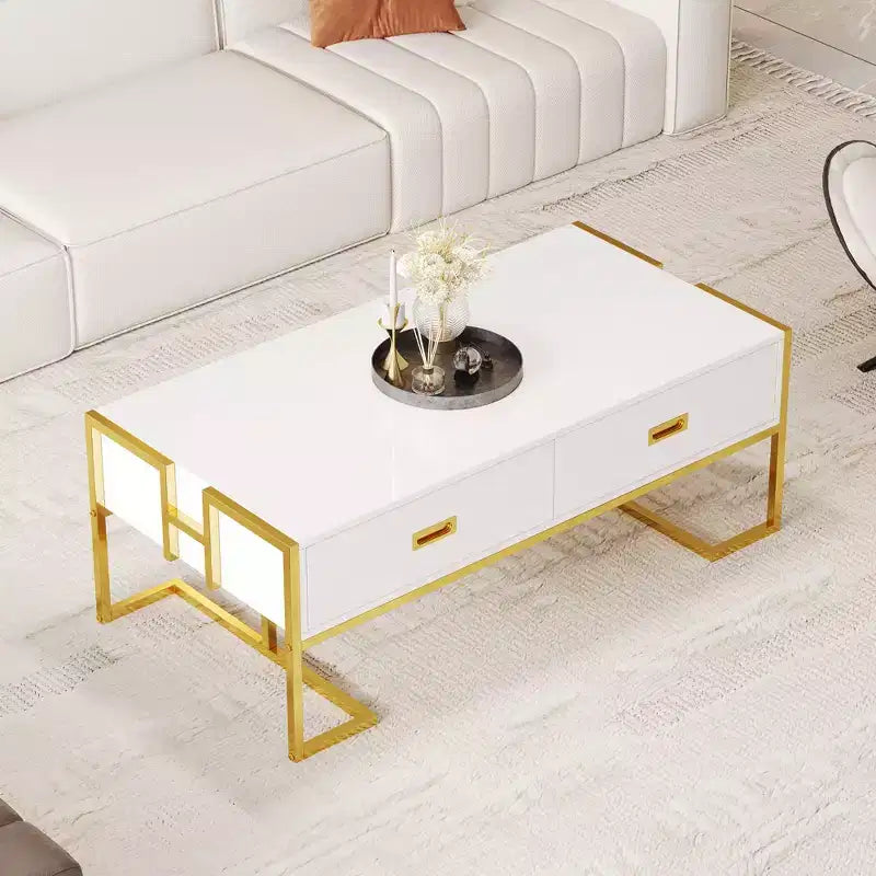 Mesa de centro rectangular moderna con 4 cajones y base de metal dorado, elegante mesa auxiliar para cócteles y centro de sala