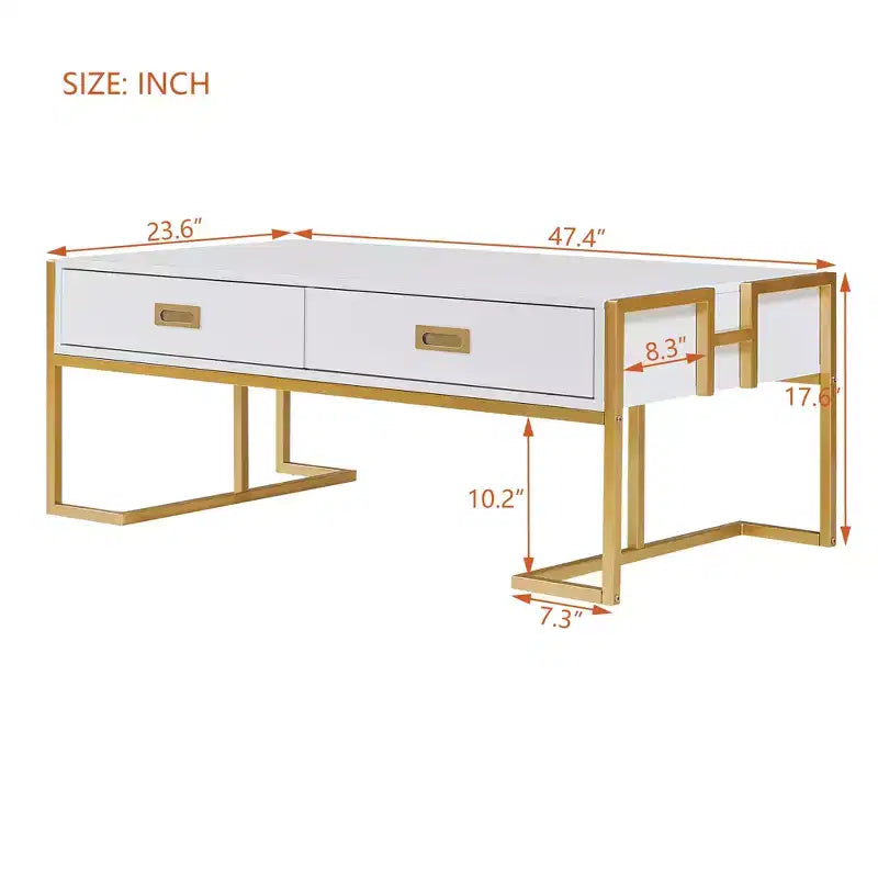 Mesa de centro rectangular moderna con 4 cajones y base de metal dorado, elegante mesa auxiliar para cócteles y centro de sala