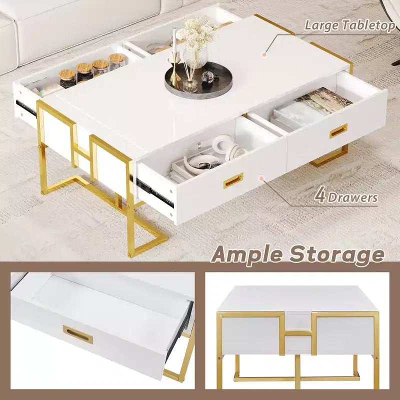 Mesa de centro rectangular moderna con 4 cajones y base de metal dorado, elegante mesa auxiliar para cócteles y centro de sala