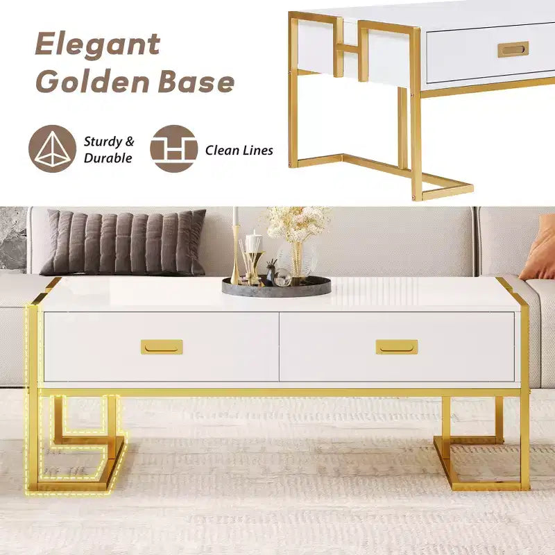 Mesa de centro rectangular moderna con 4 cajones y base de metal dorado, elegante mesa auxiliar para cócteles y centro de sala