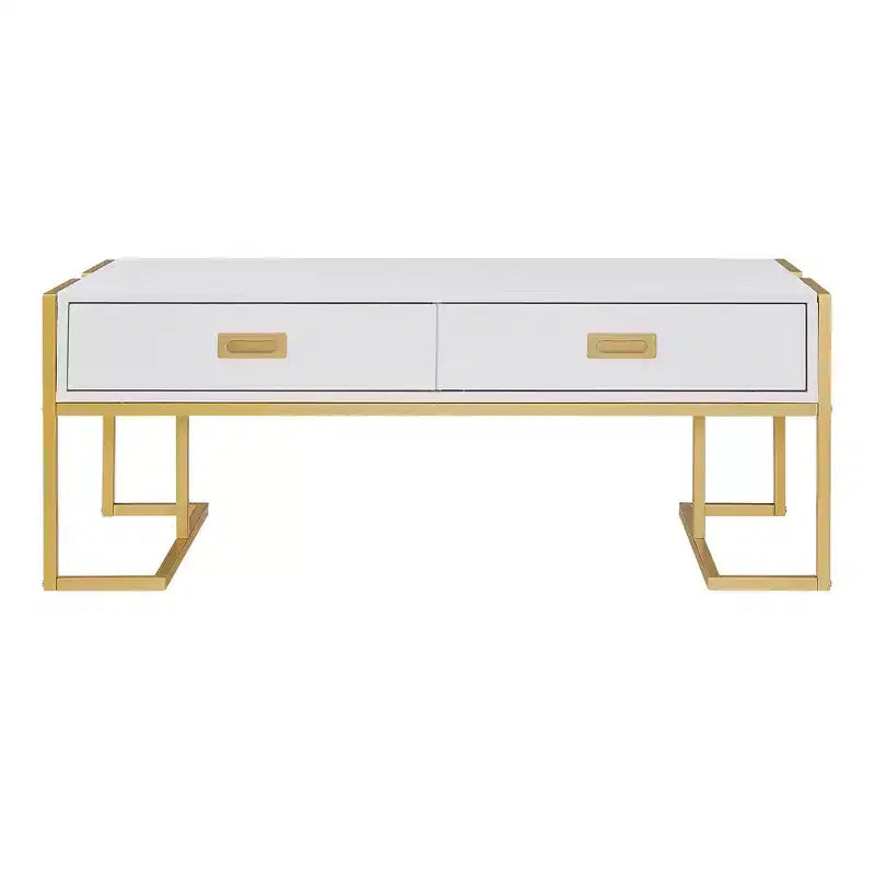 Mesa de centro rectangular moderna con 4 cajones y base de metal dorado, elegante mesa auxiliar para cócteles y centro de sala