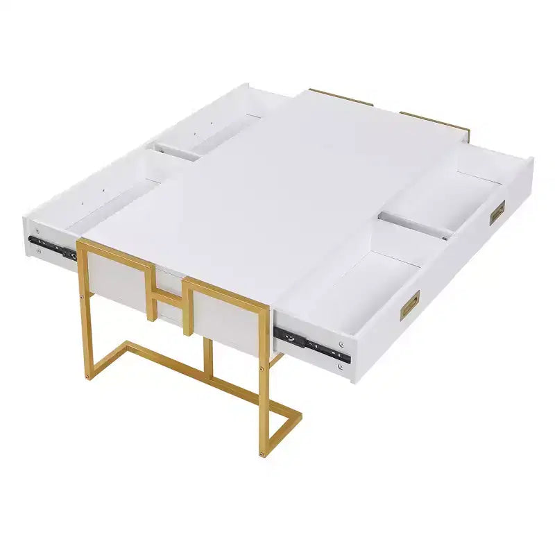 Mesa de centro rectangular moderna con 4 cajones y base de metal dorado, elegante mesa auxiliar para cócteles y centro de sala
