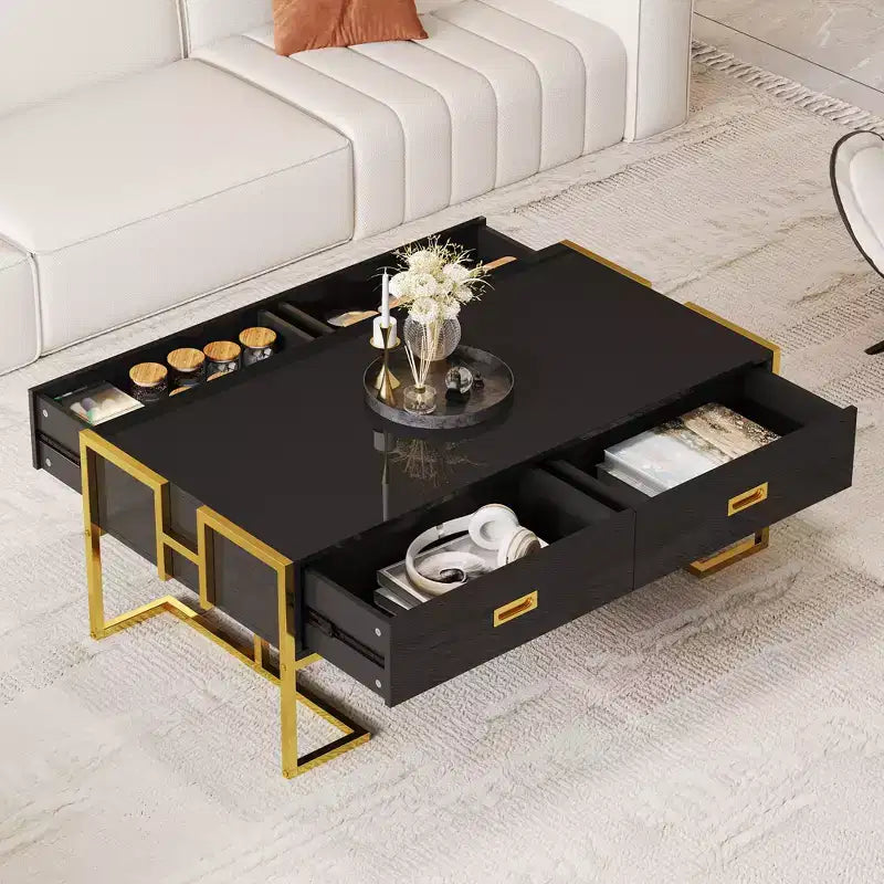 Mesa de centro rectangular moderna con 4 cajones y base de metal dorado, elegante mesa auxiliar para cócteles y centro de sala
