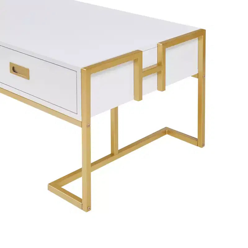 Mesa de centro rectangular moderna con 4 cajones y base de metal dorado, elegante mesa auxiliar para cócteles y centro de sala