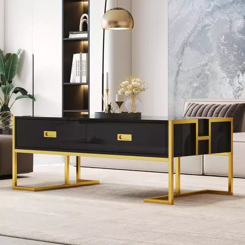 Mesa de centro rectangular moderna con 4 cajones y base de metal dorado, elegante mesa auxiliar para cócteles y centro de sala
