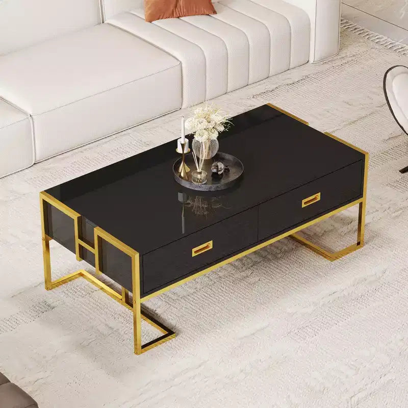 Mesa de centro rectangular moderna con 4 cajones y base de metal dorado, elegante mesa auxiliar para cócteles y centro de sala