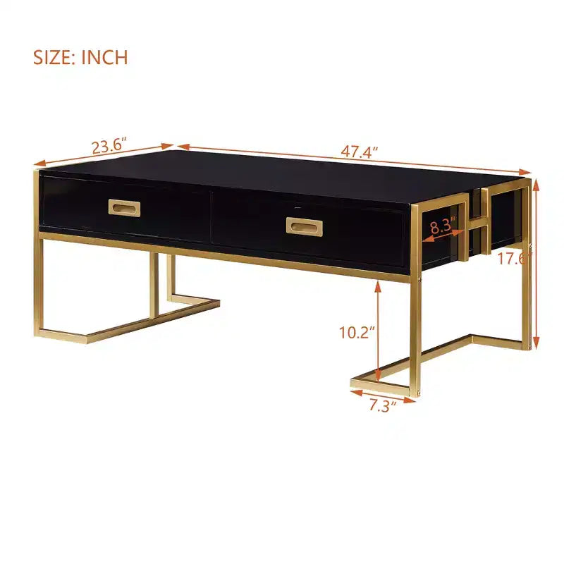 Moderner rechteckiger Couchtisch mit 4 Schubladen und goldfarbenem Metallgestell, eleganter Cocktail- und Mitteltisch