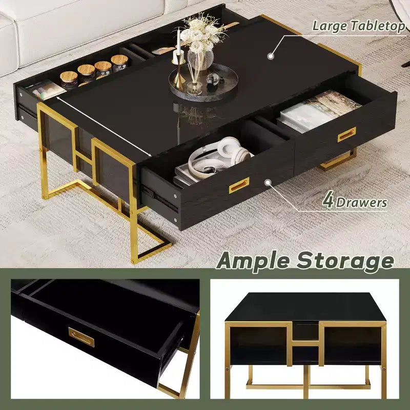 Mesa de centro rectangular moderna con 4 cajones y base de metal dorado, elegante mesa auxiliar para cócteles y centro de sala