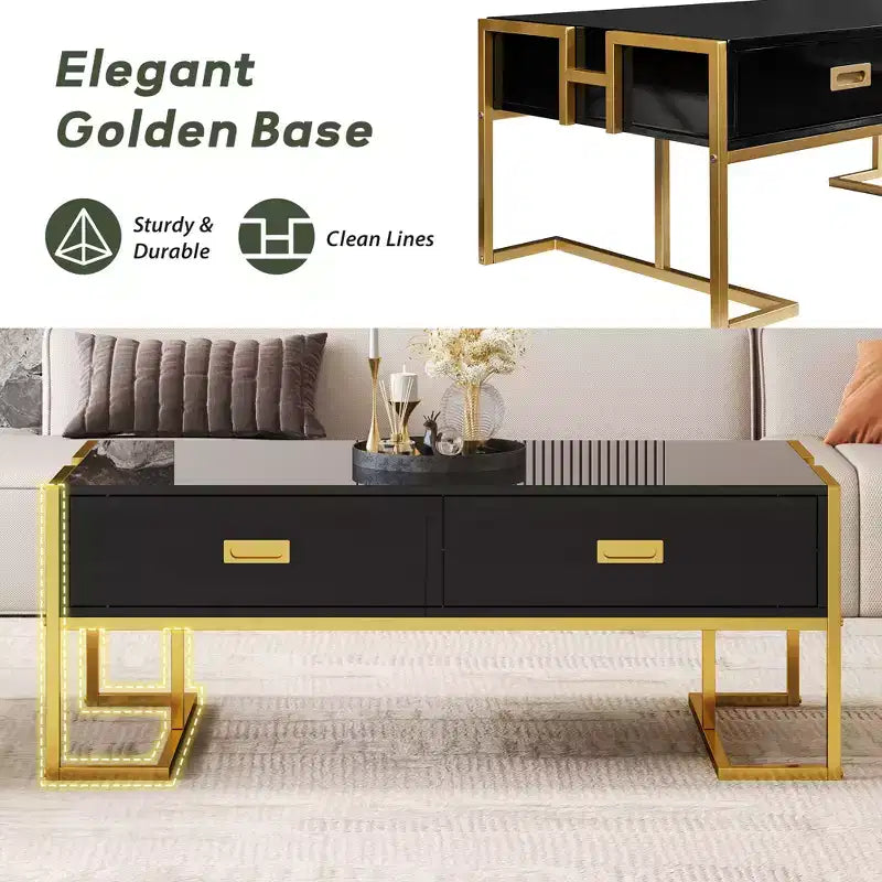 Mesa de centro rectangular moderna con 4 cajones y base de metal dorado, elegante mesa auxiliar para cócteles y centro de sala
