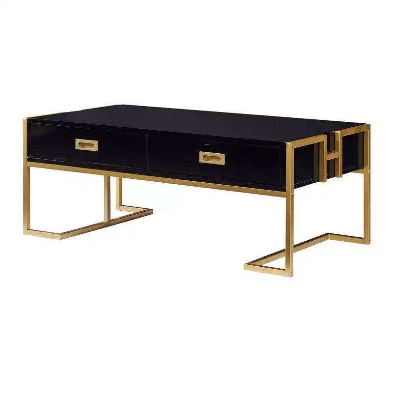 Mesa de centro rectangular moderna con 4 cajones y base de metal dorado, elegante mesa auxiliar para cócteles y centro de sala