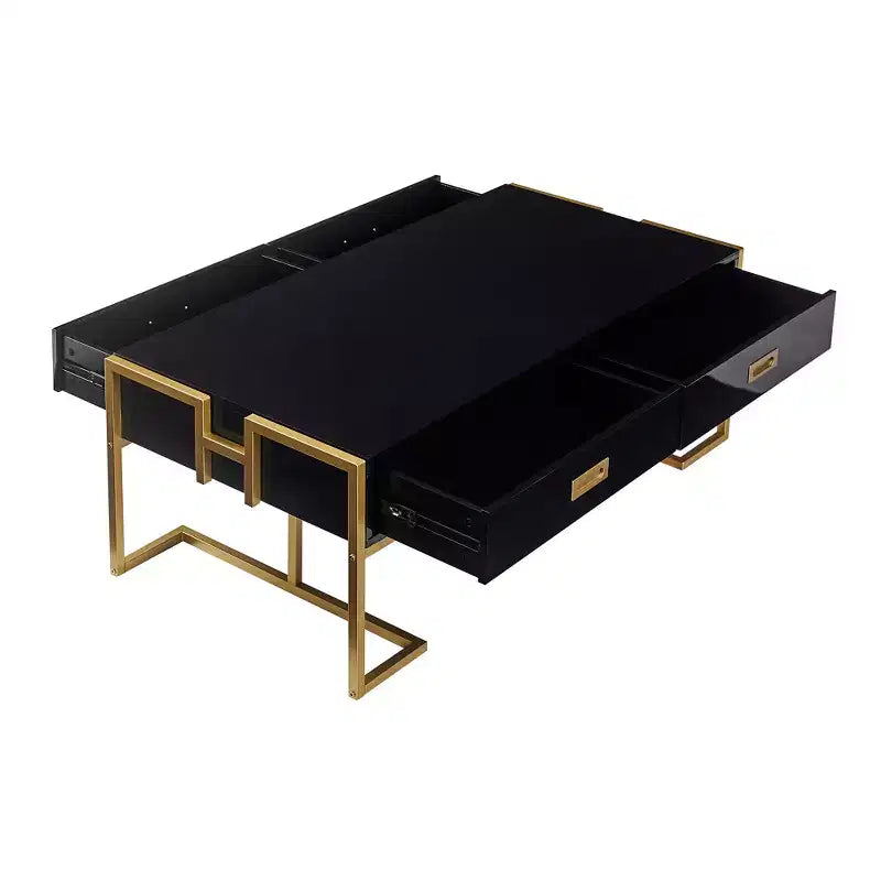 Mesa de centro rectangular moderna con 4 cajones y base de metal dorado, elegante mesa auxiliar para cócteles y centro de sala