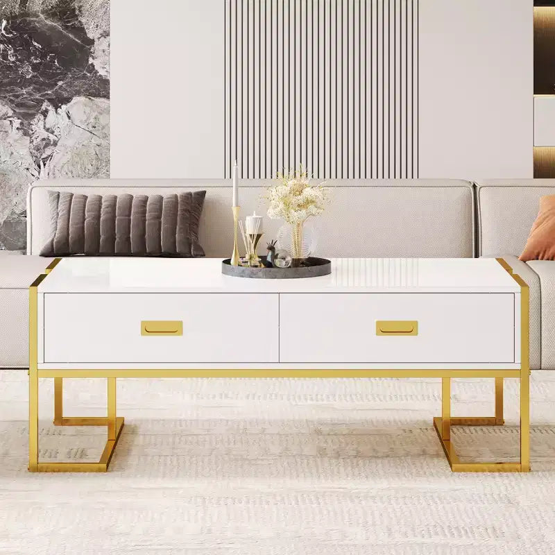 Moderner rechteckiger Couchtisch mit 4 Schubladen und goldfarbenem Metallgestell, eleganter Cocktail- und Mitteltisch