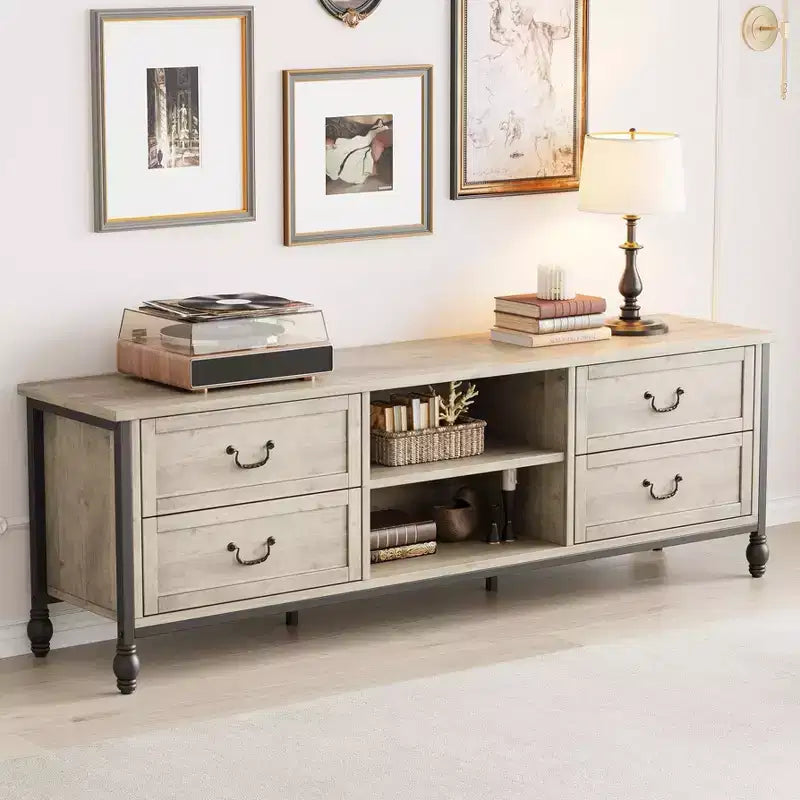 Meuble TV pour téléviseur de 70 pouces, centre de divertissement avec placard de rangement et étagères ouvertes, meuble multimédia pour le salon ou la chambre