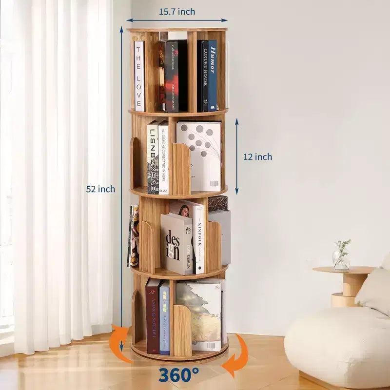 Bibliothèque rotative en bois à 4 niveaux, bibliothèque sur pied pivotant à 360° et rangement multifonctionnel pour le salon, les enfants et les adultes