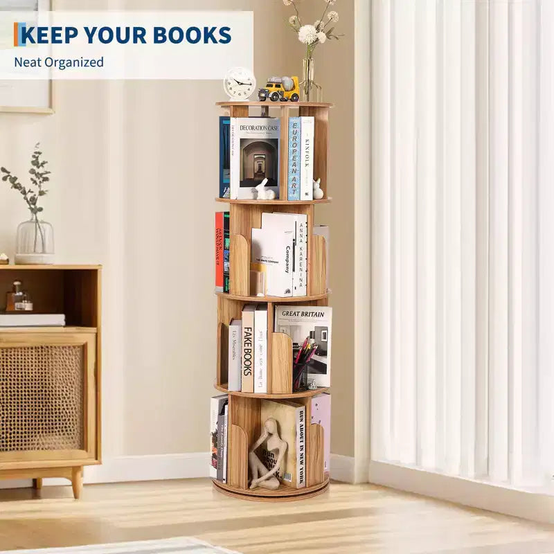 Bibliothèque rotative en bois à 4 niveaux, bibliothèque sur pied pivotant à 360° et rangement multifonctionnel pour le salon, les enfants et les adultes