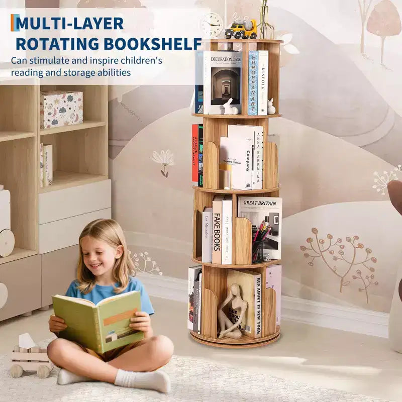 Bibliothèque rotative en bois à 4 niveaux, bibliothèque sur pied pivotant à 360° et rangement multifonctionnel pour le salon, les enfants et les adultes