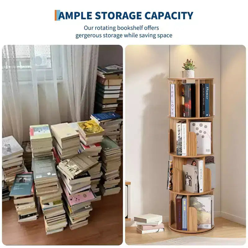 Bibliothèque rotative en bois à 4 niveaux, bibliothèque sur pied pivotant à 360° et rangement multifonctionnel pour le salon, les enfants et les adultes