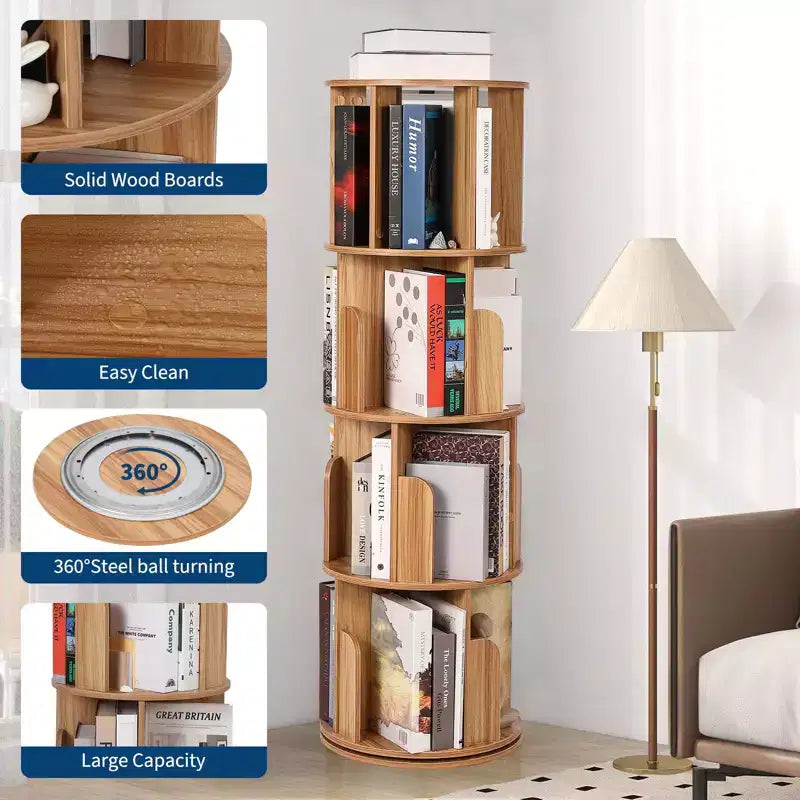 Bibliothèque rotative en bois à 4 niveaux, bibliothèque sur pied pivotant à 360° et rangement multifonctionnel pour le salon, les enfants et les adultes