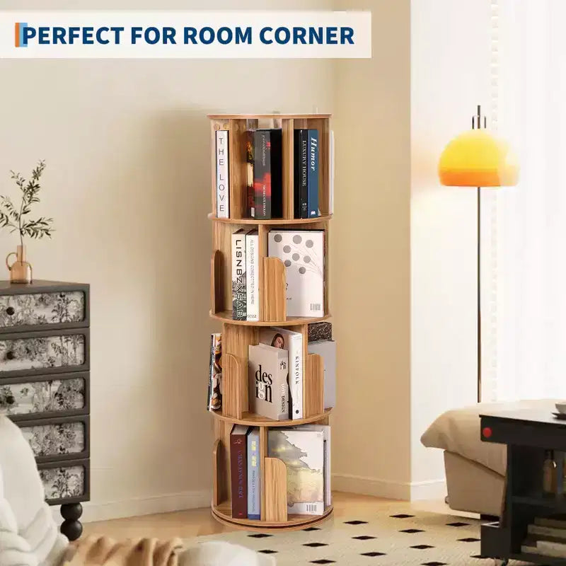 Bibliothèque rotative en bois à 4 niveaux, bibliothèque sur pied pivotant à 360° et rangement multifonctionnel pour le salon, les enfants et les adultes