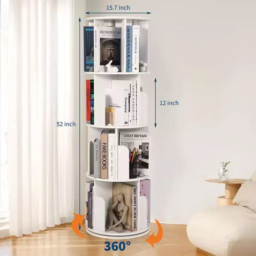 Estantería giratoria de madera de 4 niveles, librería de suelo giratoria 360 y organizador de almacenamiento multifuncional para sala de estar, niños y adultos