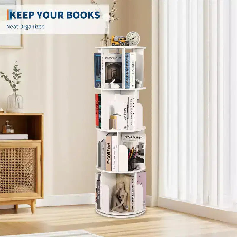 Bibliothèque rotative en bois à 4 niveaux, bibliothèque sur pied pivotant à 360° et rangement multifonctionnel pour le salon, les enfants et les adultes