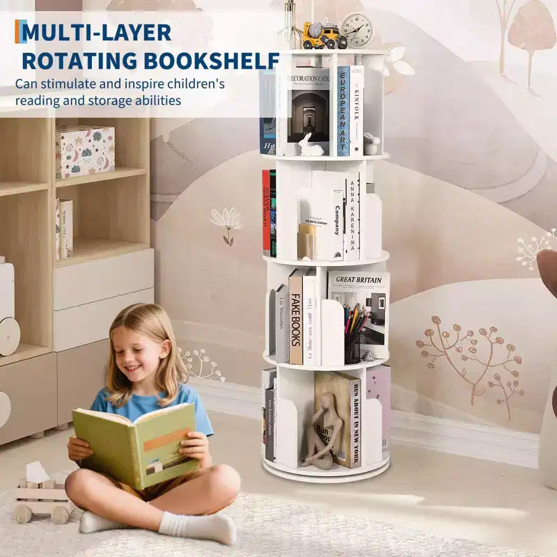 Drehbares Bücherregal aus Holz mit 4 Ebenen, freistehend und um 360° drehbar, vielseitiger Aufbewahrungsorganizer für Wohnzimmer, Kinder und Erwachsene
